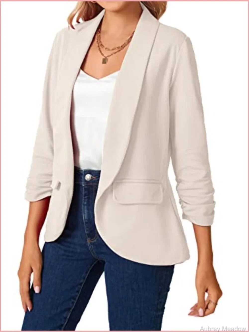 Womens Blazer 3/4 Ruched Sleeve Shawl Collar Business Work Open Front Pockets